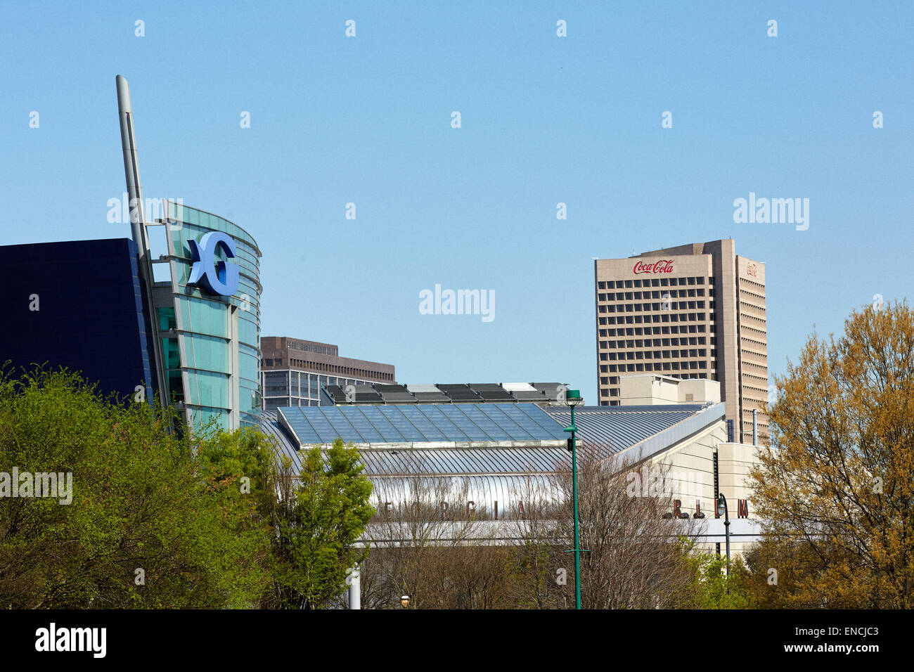 `Downtown Atlanta in Georga USA The Georgia Aquarium is a public aquarium formed by the Coca Cola HQ headquarters land for the a Stock Photo